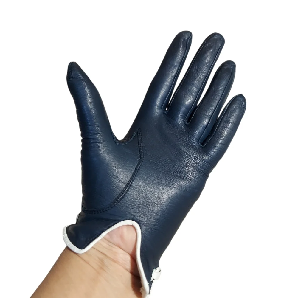 Vintage 50s 60s Navy Blue Leather Driving Gloves White Trim Mod Chic